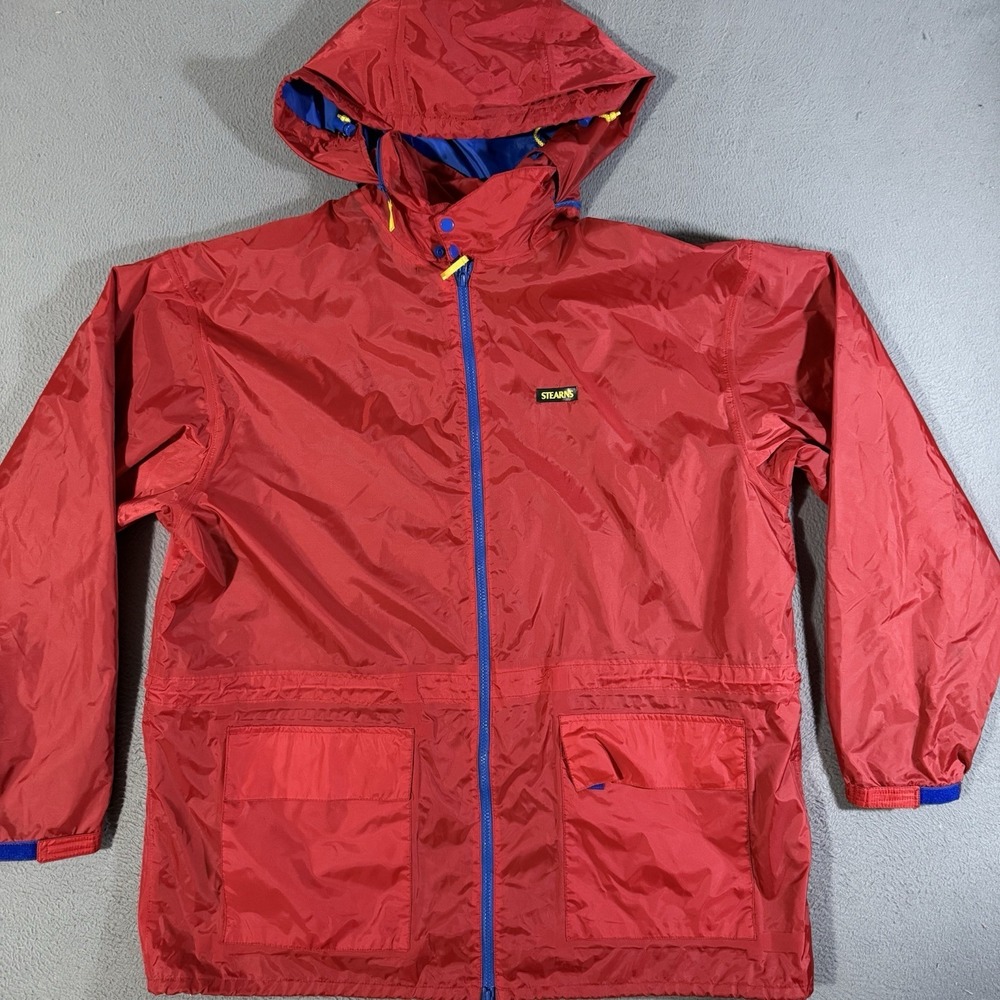 Vintage Stearns Dry Wear Jacket Mens Size XL Red Full Zip Hooded‎ Windbreaker